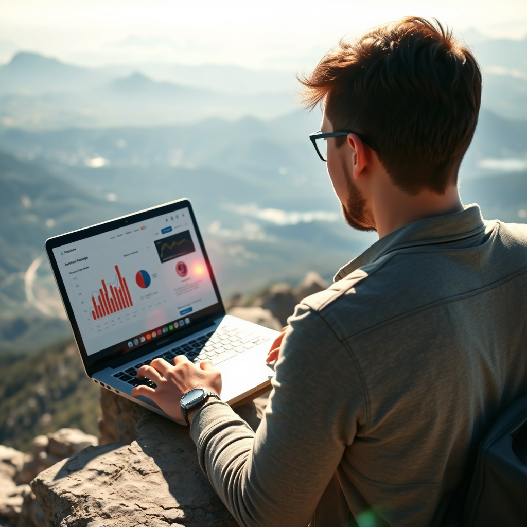 A photorealistic image of a person working on a laptop on a mountaintop, overlooking a vast and scenic landscape. The lighting is bright and sunny, creating a sense of adventure and freedom. The laptop screen displays a successful AI marketing campaign dashboard. The style is adventurous and empowering, with a focus on nature and achievement. Add subtle lens flares and depth-of-field effects to enhance realism and draw focus to the laptop and the person's determined expression. The overall mood should be optimistic and inspiring.