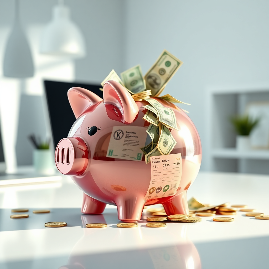 A photorealistic image of a piggy bank overflowing with money, with a website interface subtly reflected on its surface. The background should be a clean, minimalist workspace. The lighting should be bright and optimistic. The color palette should include greens, golds, and whites. Technical specs: 4K resolution, photorealistic, high quality.