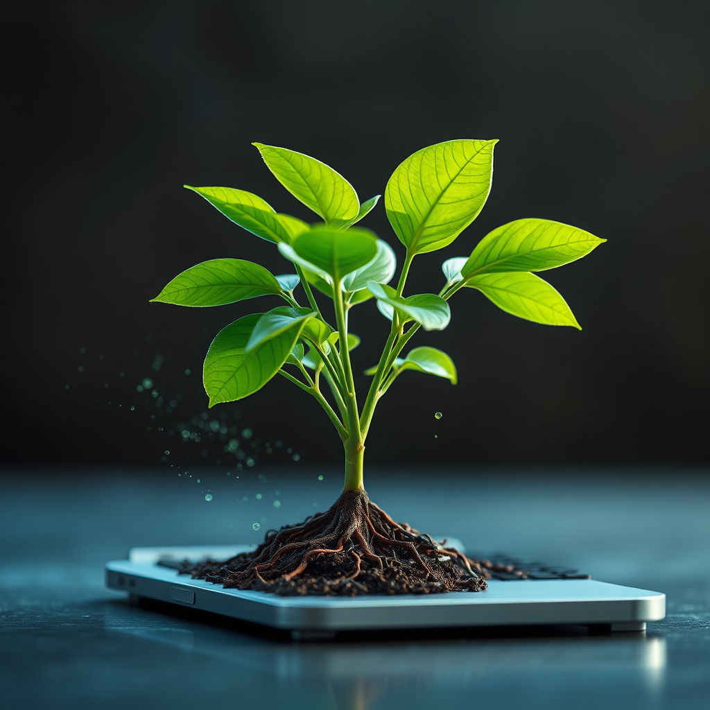 A photorealistic image of a plant growing rapidly, with digital leaves and roots. The plant is sprouting from a laptop, symbolizing the growth of an AI-powered business. The color palette is a mix of greens and blues, creating a sense of growth and technology. The style is organic and futuristic, with a focus on sustainability and innovation. Add subtle particle effects to enhance the sense of growth and momentum. The background should be blurred, focusing on the plant and the laptop.