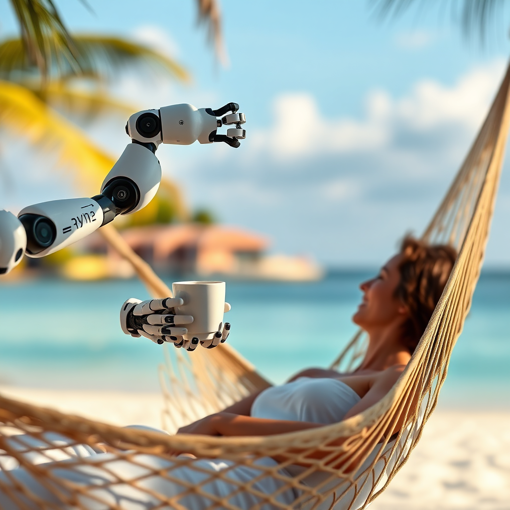A photorealistic image of a robotic arm handing a cup of coffee to a person relaxing in a hammock. The robotic arm should be sleek and modern, while the hammock is set on a tropical beach. The background is blurred, focusing on the interaction between the robot and the person. The lighting is soft and warm, creating a sense of relaxation and automation. The style should be clean and futuristic, with a focus on efficiency and leisure. The robot should have subtle AI indicators, like glowing lines or digital displays.