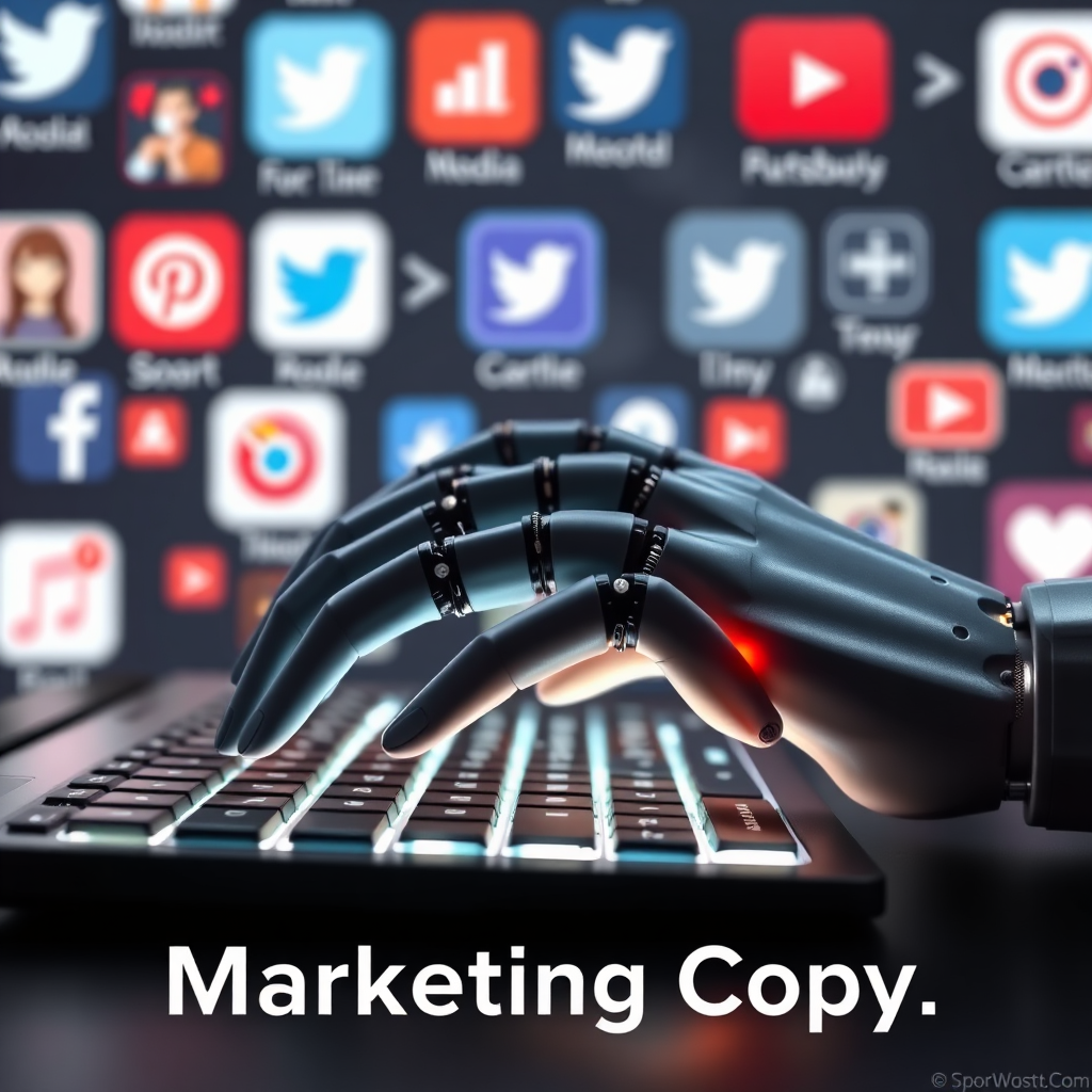 A photorealistic image of a robotic hand typing on a keyboard, generating compelling marketing copy. The keyboard is illuminated, highlighting the AI's ability to create content. The background displays various social media platforms, symbolizing the reach of the content. The style is clean and modern, with a focus on creativity and efficiency. The overall mood should be innovative and inspiring.