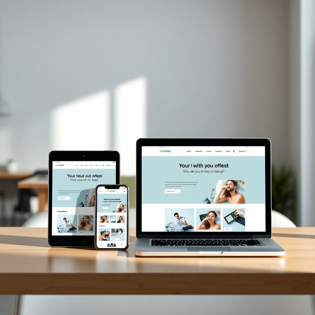 A photorealistic image showcasing a responsive website design displayed across multiple devices: a smartphone, tablet, and laptop. The design should seamlessly adapt to each screen size. The background should be a modern, minimalist workspace. The lighting should be natural and inviting. The color palette should be clean and modern. Technical specs: 4K resolution, photorealistic, high quality.