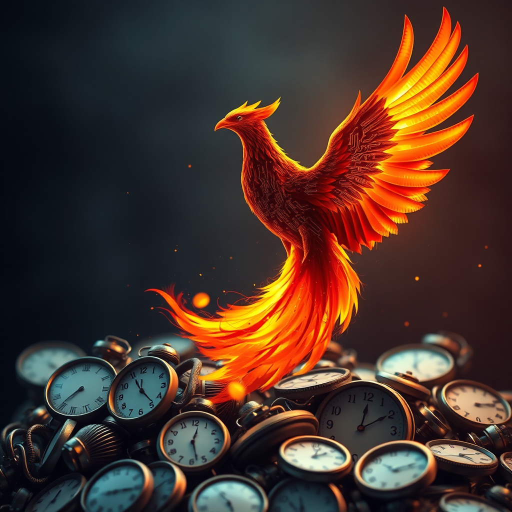 A stylized 4K image depicting a phoenix rising from a pile of old, outdated calendars and clocks. The phoenix represents the rebirth and freedom gained through AI-driven business. The color palette should be a mix of dark, muted tones in the background (representing the 'old way') and vibrant, fiery colors for the phoenix. The phoenix should have circuit board patterns subtly integrated into its feathers, symbolizing the fusion of technology and opportunity. The background should have a blurred effect, with the focus sharply on the phoenix. The overall style should be motivational and inspiring, with a touch of futuristic elegance. Add subtle particle effects to enhance the sense of rising and transformation. The composition should emphasize the upward motion and the feeling of breaking free from constraints.