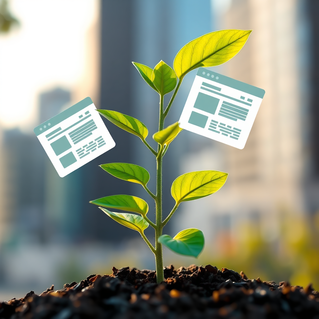 A stylized image depicting a growing plant with leaves shaped like website pages. The plant should be healthy and vibrant, symbolizing business growth. The background should be a blurred image of a cityscape. The lighting should be warm and natural. The color palette should include greens, blues, and yellows. Technical specs: 4K resolution, stylized, high quality.