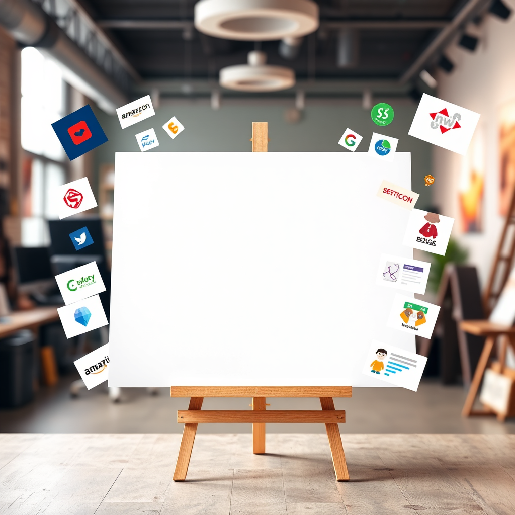 A stylized image of a blank canvas with a variety of website elements floating around it, representing custom design possibilities. The elements should include logos, images, and text. The background should be a blurred image of a design studio. The lighting should be bright and creative. The color palette should be vibrant and diverse. Technical specs: 4K resolution, stylized, high quality.