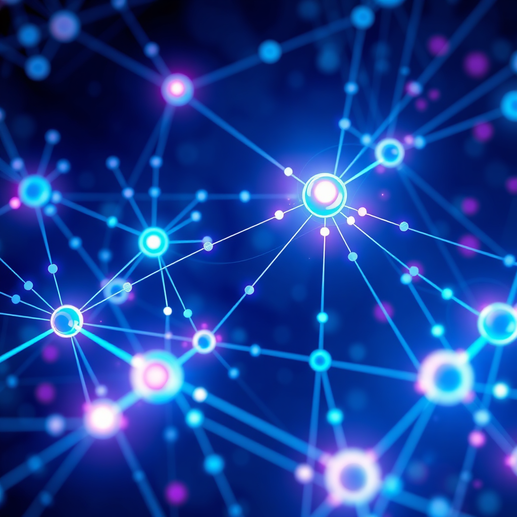 A stylized image of a complex network of interconnected nodes and data streams, representing automated marketing processes. The nodes are connected by glowing lines, symbolizing the flow of information. The color palette is a mix of blues and purples, creating a sense of efficiency and connectivity. The style is futuristic and abstract, with a focus on automation and optimization. Add subtle animations and particle effects to enhance the sense of dynamism and intelligence.