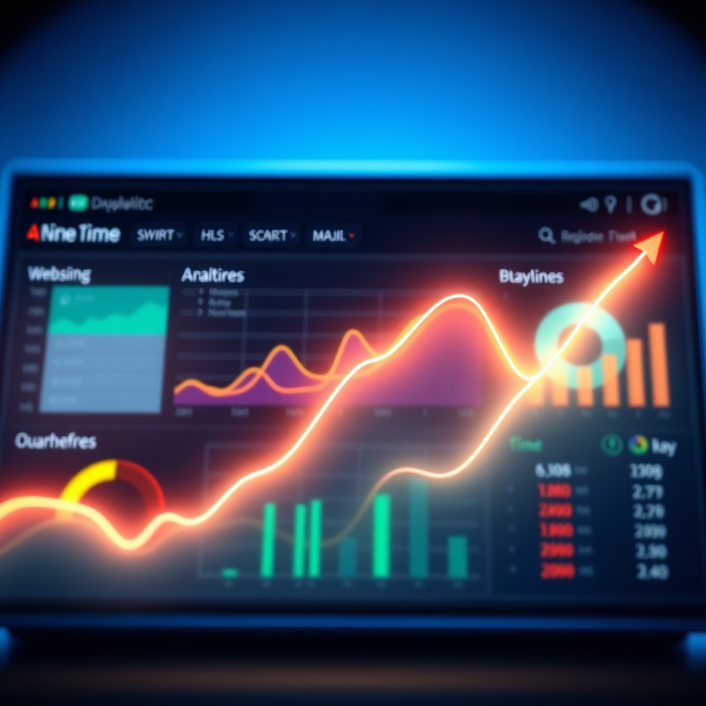 A stylized image of a digital dashboard displaying website analytics. The dashboard should be visually appealing and easy to understand. The lighting should be bright and informative. The color palette should include blues, greens, and oranges. A glowing graph overlays a website design, showing improvement over time. Technical specs: 4K resolution, stylized, high quality.