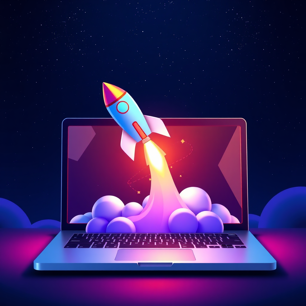 A stylized image of a rocket launching from a laptop screen, symbolizing rapid website deployment. The laptop should be sleek and modern. The rocket should leave a trail of code, representing the AI-powered technology. The background should be a starry night sky. The lighting should be vibrant and dynamic. The color palette should include blues, purples, and oranges. Technical specs: 4K resolution, stylized, high quality.