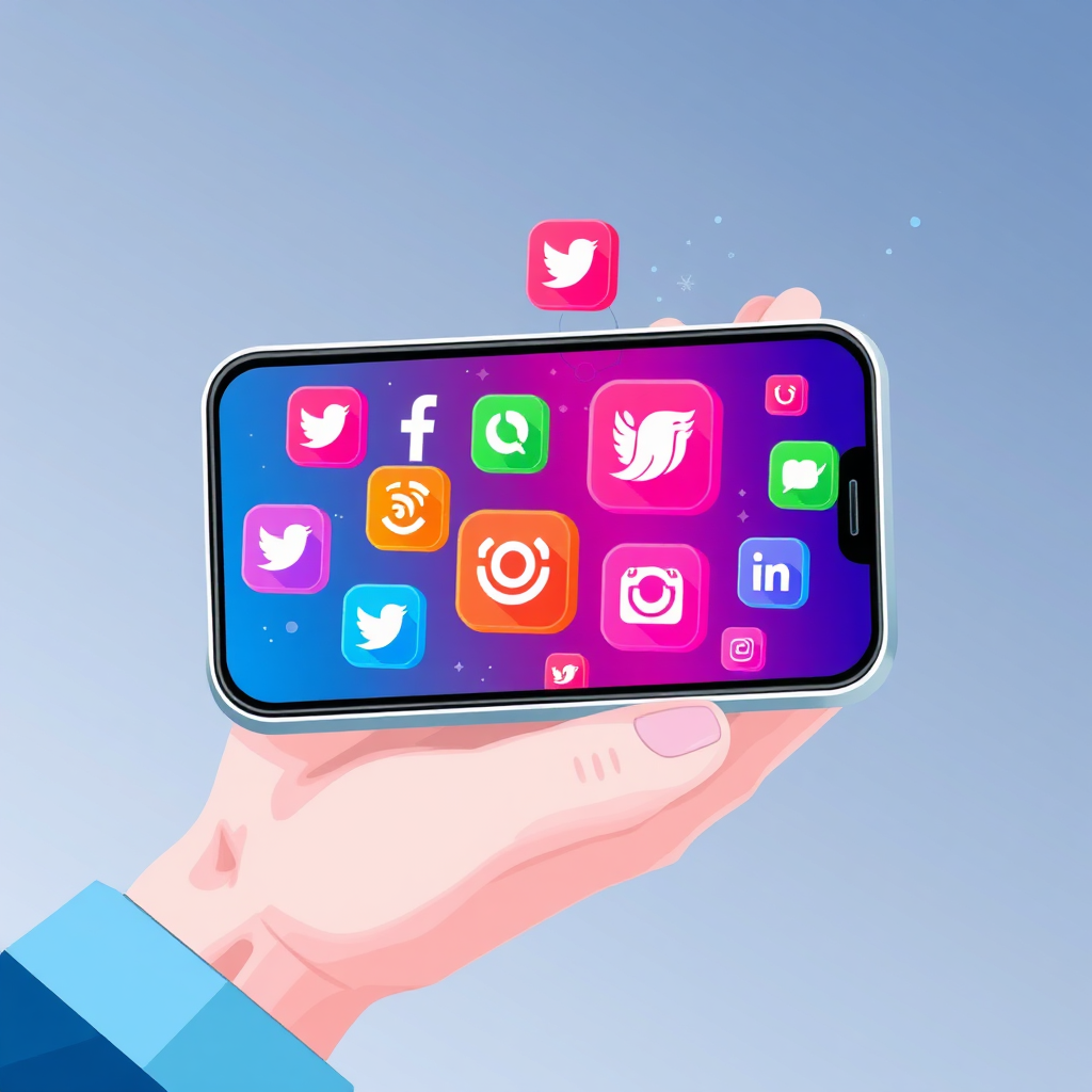 A stylized image of a smartphone screen displaying various social media icons and AI algorithm visualizations. The smartphone is held by a hand, symbolizing accessibility and convenience. The color palette is vibrant and engaging, with a focus on social media branding. The style is modern and dynamic, with a focus on connectivity and information. Add subtle animations and particle effects to enhance the sense of engagement and discovery.