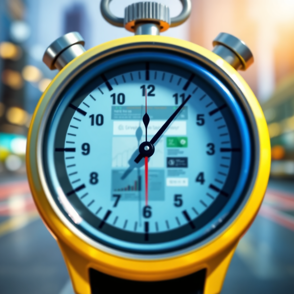 A stylized image of a stopwatch with a website interface forming the watch face. The hands of the watch should be blurred, indicating rapid movement. The background should be a blurred image of a cityscape. The lighting should be bright and dynamic. The color palette should include blues, greens, and yellows. Technical specs: 4K resolution, stylized, high quality.