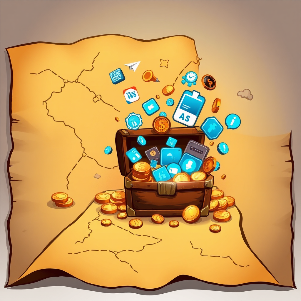 A stylized image of a treasure map leading to a chest overflowing with coins and digital icons. The map is drawn in a vintage style, but the digital icons are modern and sleek. The color palette is a mix of warm browns and golds, creating a sense of discovery and wealth. The overall style is playful and engaging, with a focus on clarity and direction. Add subtle lighting effects to enhance the sense of mystery and reward. The treasure chest should be partially open, revealing the contents.