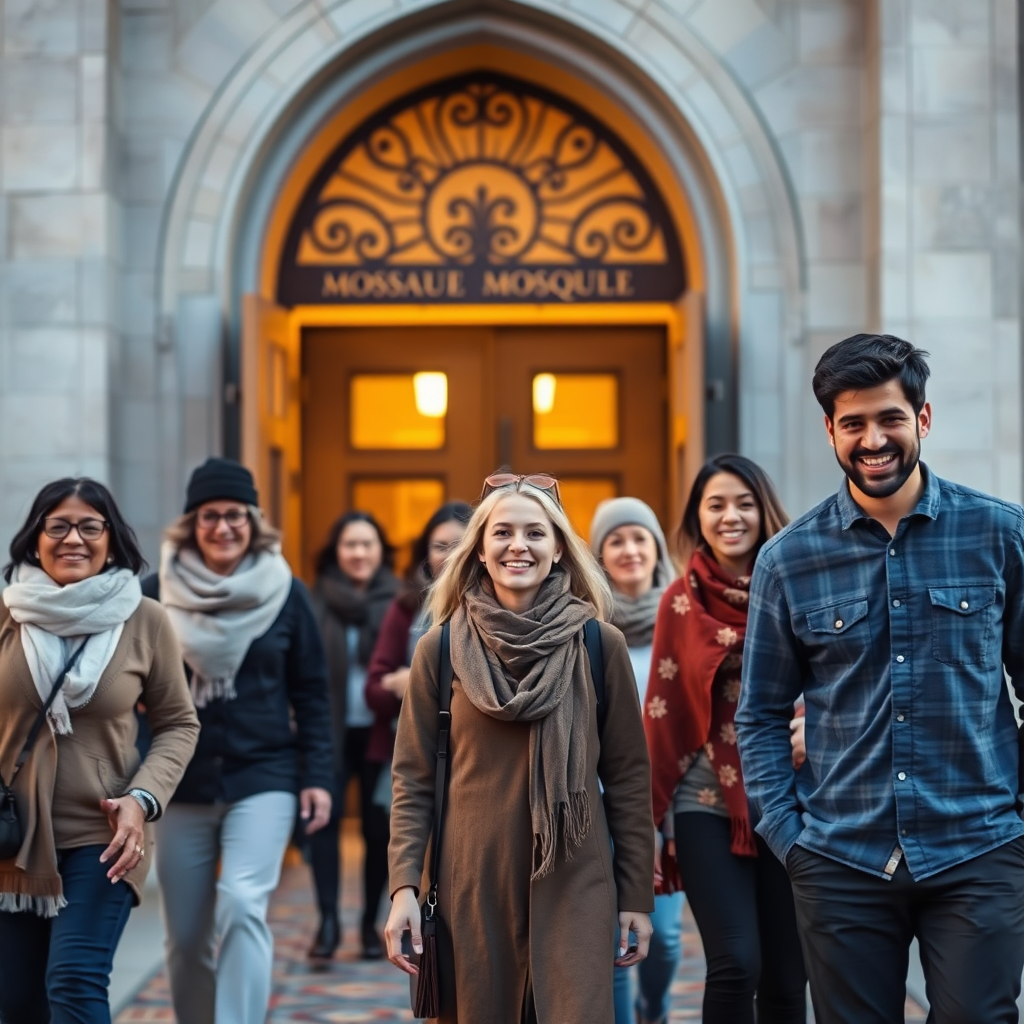 A group of diverse individuals of different ages and backgrounds smiling and walking towards the entrance of a mosque with warm lighting. Focus on inclusion and community.