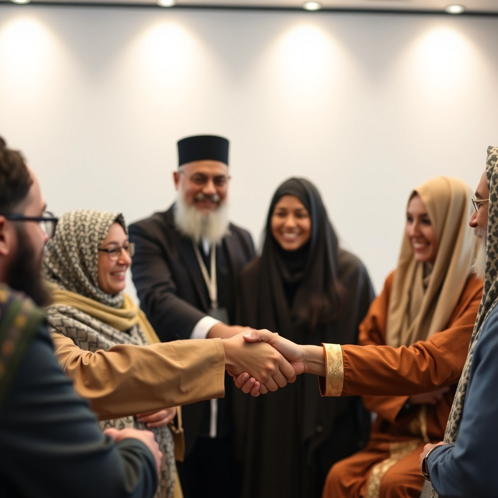 A group of people from different religions participating in a dialogue session, focus on hands shaking and friendly faces, professional look.