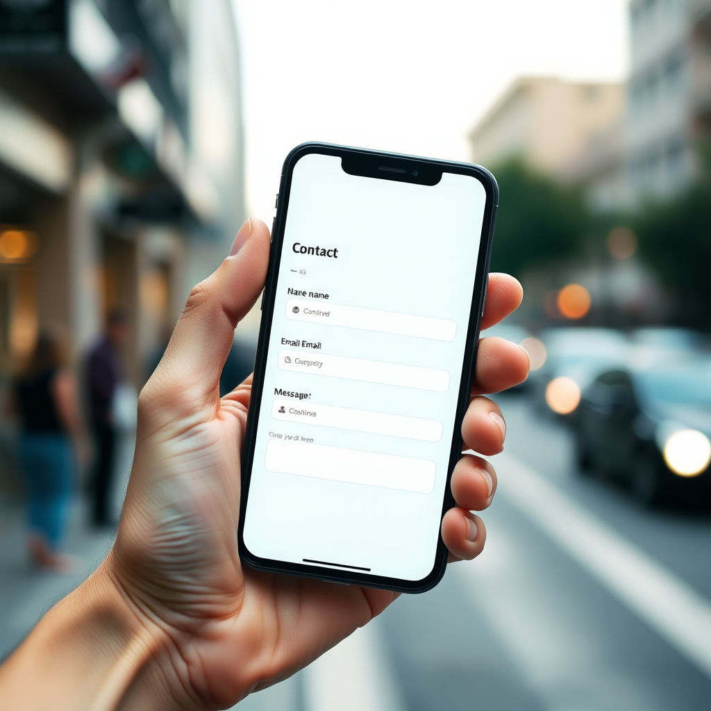 A hand holding a smartphone, the screen displaying a contact form with fields for name, email, and message. The background is soft and blurred, with subtle hints of a bustling city street. Focus on clarity and user-friendliness. Render in high quality.