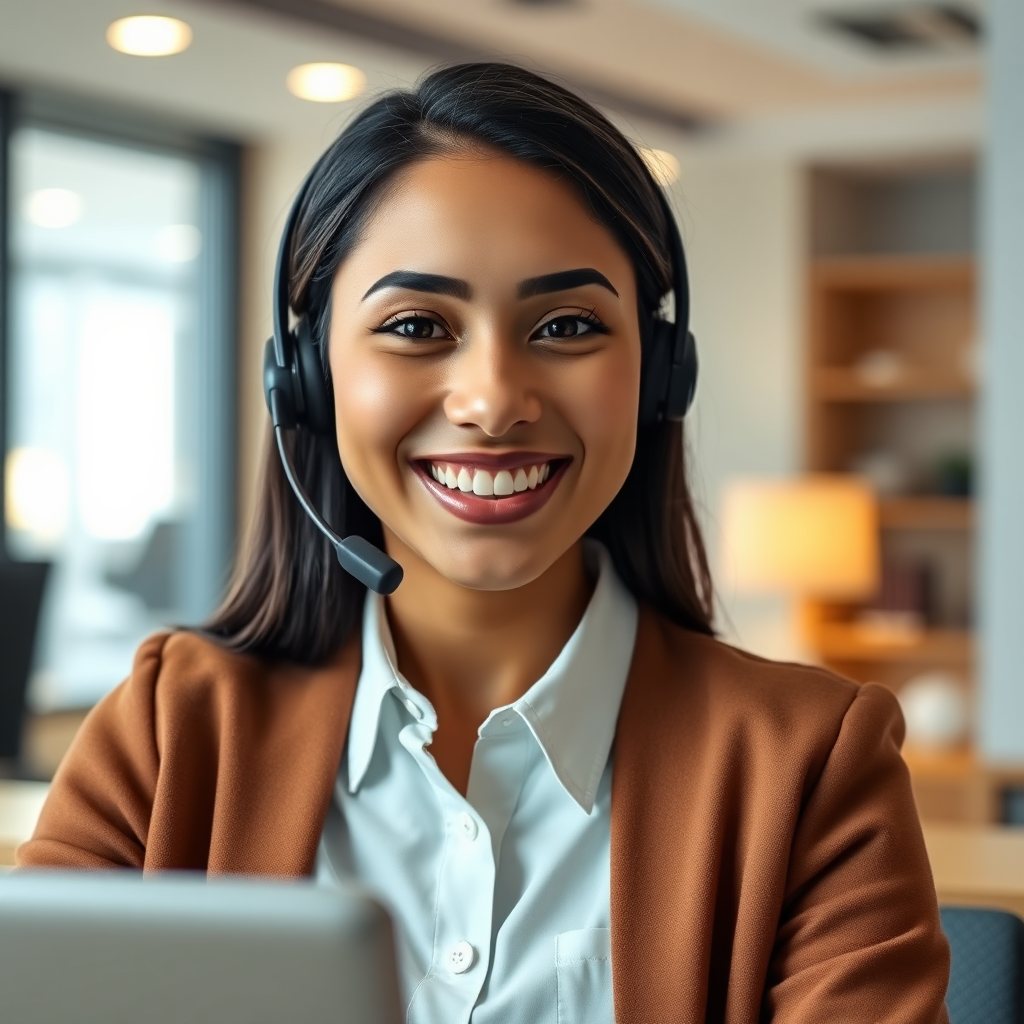 A photorealistic image of a friendly customer service representative on a video call, smiling and ready to assist. The setting is a modern and professional office environment. The lighting should be warm and inviting, conveying a sense of helpfulness and approachability. The color palette is neutral and reassuring. Style references include corporate and customer service photography. Technical specs: 4K resolution, high quality, with sharp focus and attention to detail.