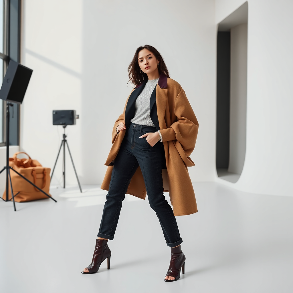 A photorealistic image of a model posing in a stylish outfit, showcasing a mix of clothing items from the collection. The setting is a modern and minimalist studio environment. The lighting should be soft and flattering, highlighting the model's features and the details of the clothing. The color palette is sophisticated and contemporary. Style references include high-fashion editorial photography. Technical specs: 4K resolution, high quality, with attention to detail and style.