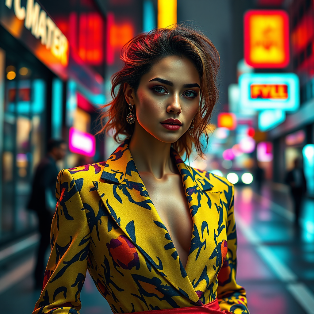 A photorealistic image of a model wearing a bold and unique clothing piece, such as a brightly colored dress or a patterned suit. The setting is a glamorous and eye-catching urban environment. The lighting should be dramatic and impactful, highlighting the statement piece's details and colors. The color palette is vibrant and expressive. Style references include high-fashion editorial photography. Technical specs: 4K resolution, high quality, with attention to detail and impact.