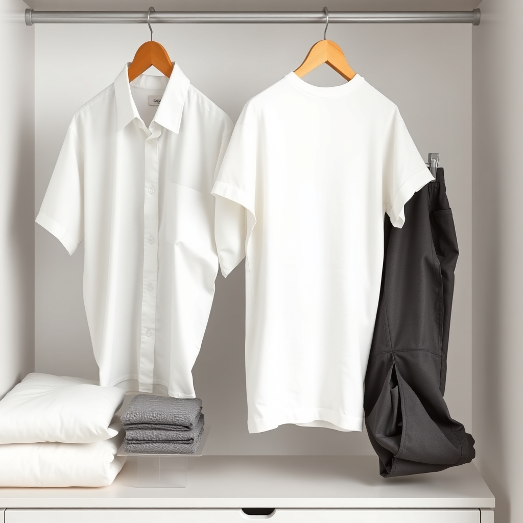 A photorealistic image of a neatly arranged collection of essential clothing items, including a classic white t-shirt, a crisp button-down shirt, and a pair of tailored pants. The setting is a minimalist and organized closet. The lighting should be soft and even, highlighting the quality and textures of the fabrics. The color palette is neutral and sophisticated. Style references include product and lifestyle photography. Technical specs: 4K resolution, high quality, with sharp focus and attention to detail.