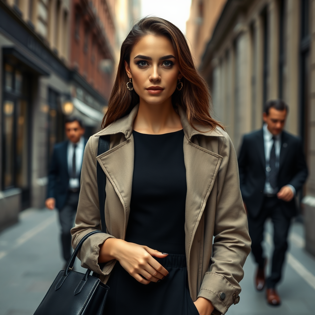 A photorealistic image of a person wearing classic clothing items, such as a little black dress, a trench coat, or a tailored suit. The setting is a sophisticated and timeless urban environment. The lighting should be soft and flattering, highlighting the elegance and quality of the clothing. The color palette is neutral and classic. Style references include vintage and classic fashion photography. Technical specs: 4K resolution, high quality, with sharp focus and attention to detail.