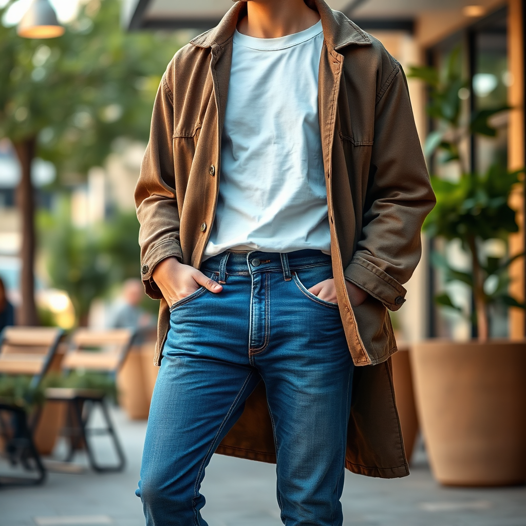 A photorealistic image of a person casually dressed in stylish everyday clothing, including a t-shirt, jeans, and a comfortable jacket. The setting is a relaxed and inviting urban environment. The lighting should be natural and warm, highlighting the comfort and style of the clothing. The color palette is neutral and approachable. Style references include lifestyle and street-style photography. Technical specs: 4K resolution, high quality, with sharp focus and attention to detail.