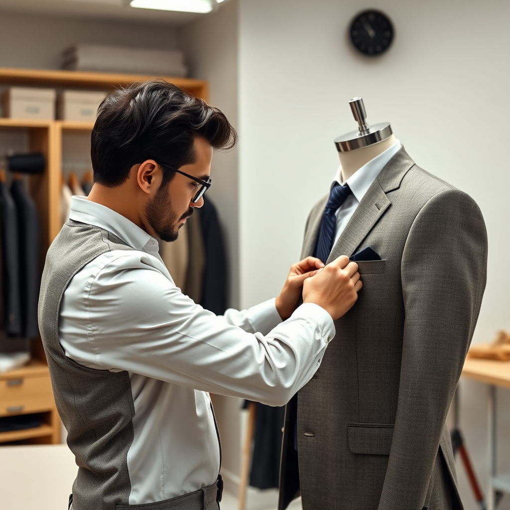 A photorealistic image of a tailor meticulously measuring and adjusting a garment on a client. The setting is a professional and well-equipped tailoring studio. The lighting should be bright and precise, highlighting the tailor's skills and the client's comfort. The color palette is neutral and professional. Style references include tailoring and craftsmanship photography. Technical specs: 4K resolution, high quality, with sharp focus and attention to detail.