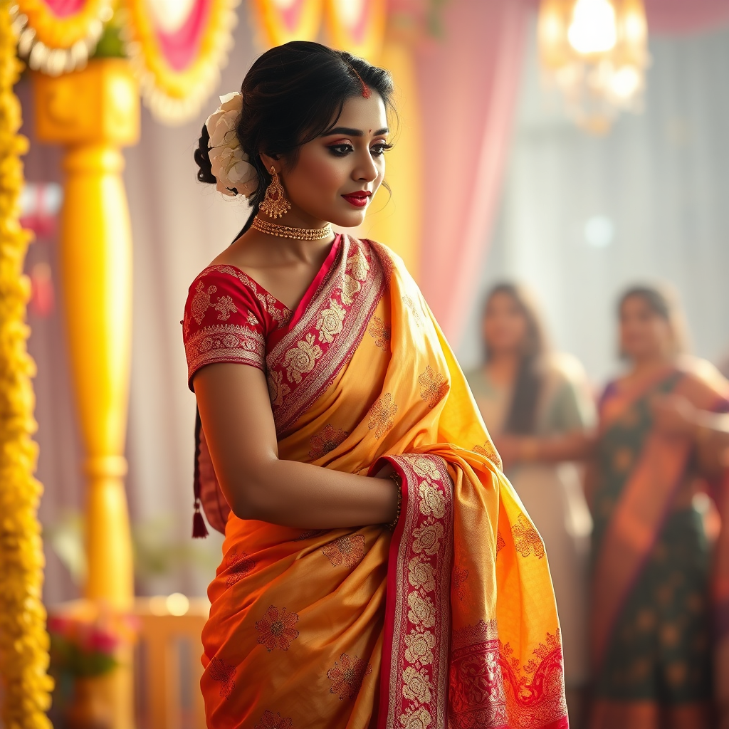 A photorealistic image of a woman gracefully draped in a beautiful saree. The setting is a traditional Indian wedding or festive occasion. The lighting should be warm and celebratory, highlighting the intricate embroidery and vibrant colors of the saree. The camera angle is a full-body shot to capture the elegance and flow of the saree. Style references include traditional Indian fashion photography. Technical specs: 4K resolution, high quality, with attention to detail and cultural authenticity.