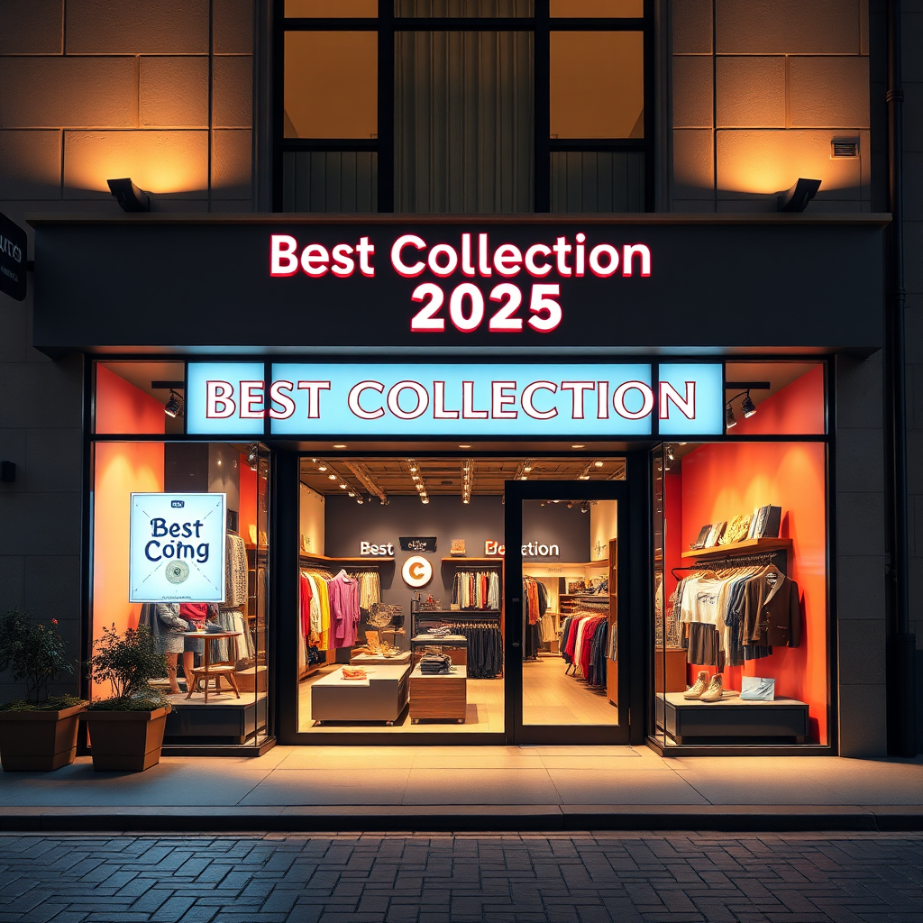 A photorealistic image of the storefront of 'Best Collection 2025', showcasing a welcoming and stylish exterior. The lighting should be warm and inviting, highlighting the store's displays and signage. The color palette is vibrant and eye-catching. Style references include retail and storefront photography. Technical specs: 4K resolution, high quality, with sharp focus and attention to detail.