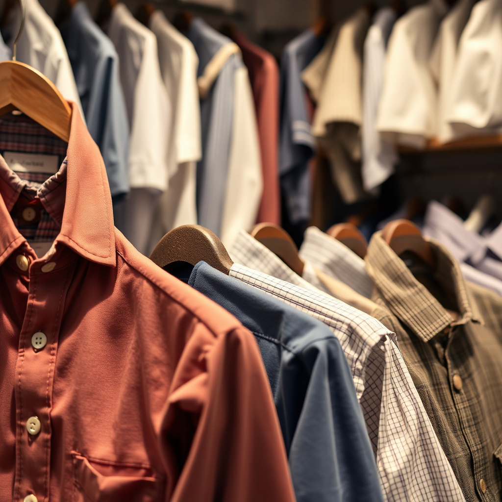 A photorealistic image showcasing a variety of shirts, including button-downs, flannels, and dress shirts. The setting is a well-lit and organized closet or boutique display. The lighting should be soft and even, highlighting the colors and textures of the shirts. The camera angle is a close-up shot to emphasize the details of the fabrics and stitching. Style references include classic menswear photography. Technical specs: 4K resolution, high quality, with sharp focus and attention to detail.