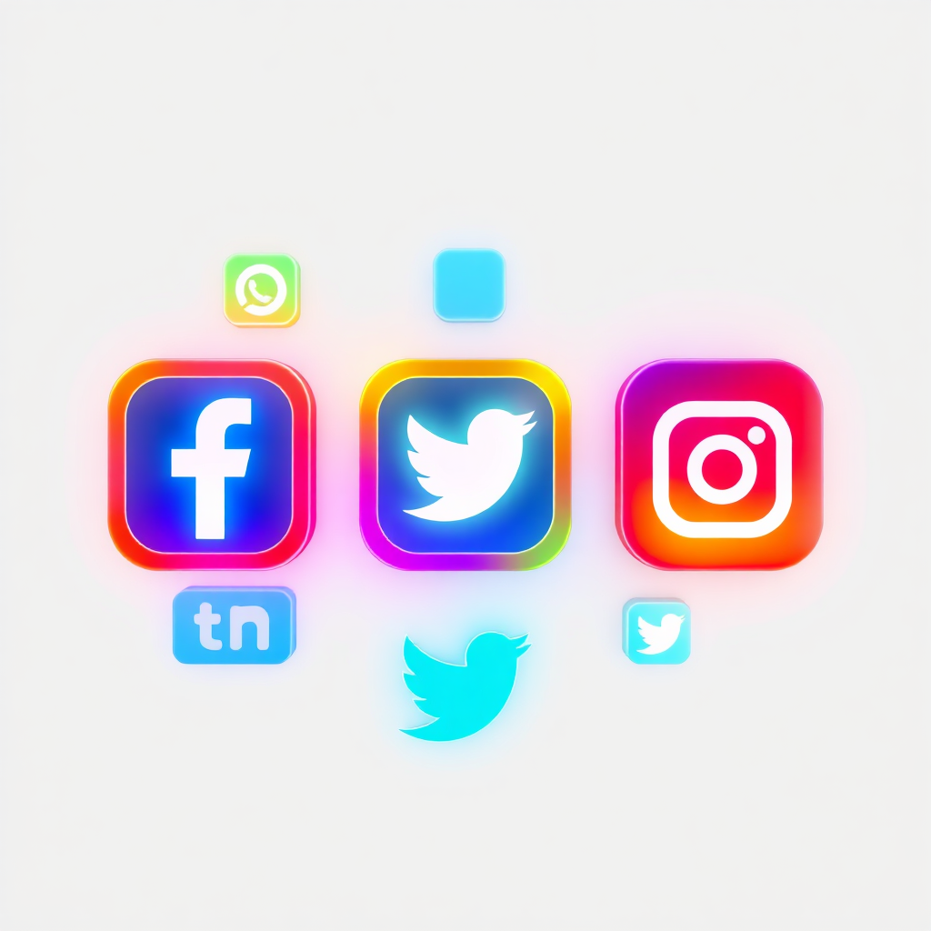 A stylized collage of social media icons (Facebook, Instagram, Twitter), arranged in a visually appealing pattern. The icons glow with vibrant colors, symbolizing the energy of online engagement. The background is a clean, modern design. Render in high quality.