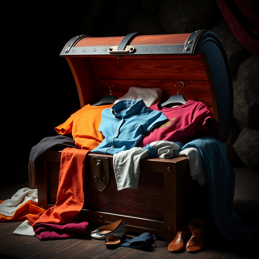 A stylized image of a treasure chest overflowing with fashionable clothing items, including t-shirts, sarees, and shirts. The lighting should be dramatic and mysterious, highlighting the richness and variety of the collection. The color palette is vibrant and eye-catching. Style references include fantasy and editorial photography. Technical specs: 4K resolution, high quality, with sharp focus and attention to detail.