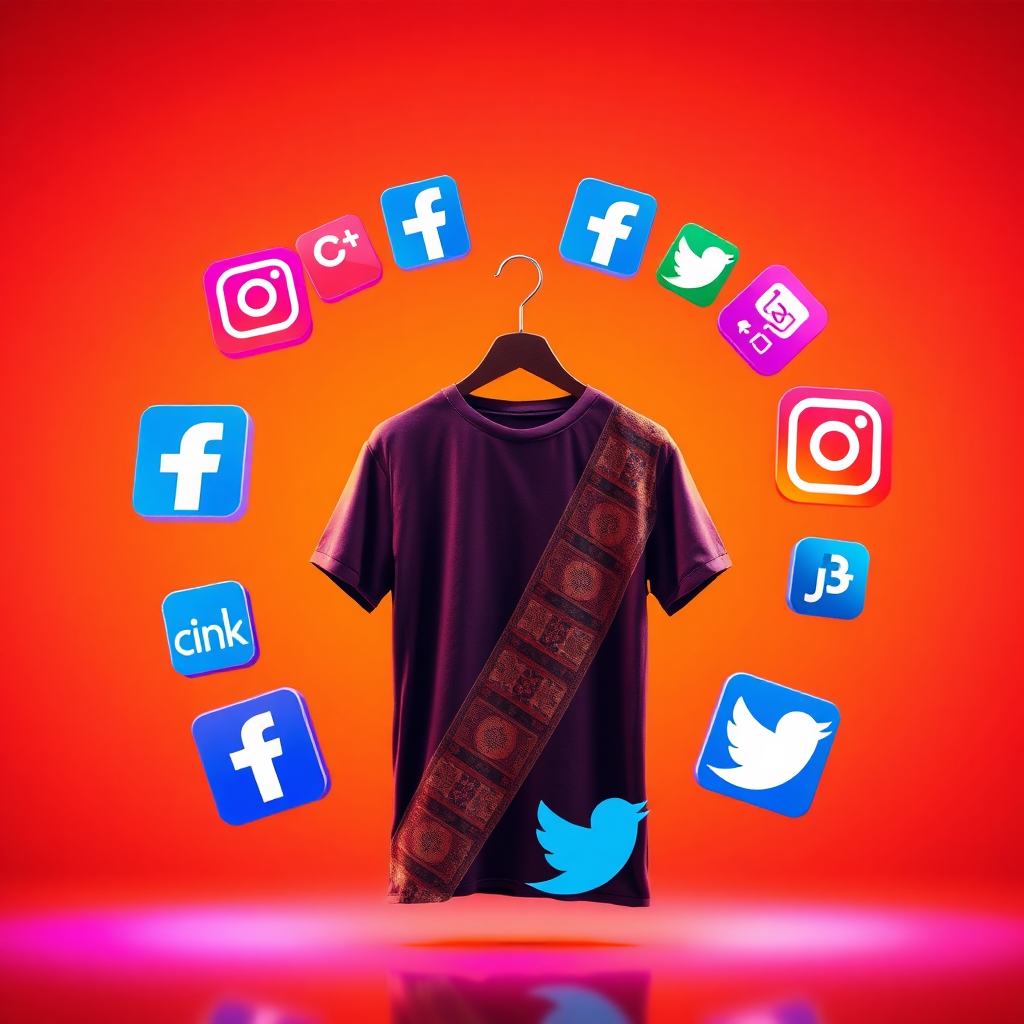 A stylized image of various social media icons (Facebook, Instagram, Twitter) arranged around a central clothing item, such as a t-shirt or saree. The lighting should be bright and eye-catching, highlighting the icons and the clothing. The color palette is vibrant and contemporary. Style references include digital marketing and social media photography. Technical specs: 4K resolution, high quality, with sharp focus and attention to detail.