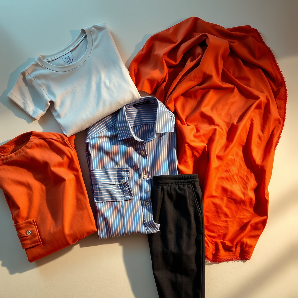 A stylized image representing the essence of 'Best Collection 2025'. The scene features a diverse array of clothing items – a neatly folded t-shirt, a beautifully draped saree, a stylishly presented shirt, and a pair of fashionable pants – arranged in an aesthetically pleasing composition. The lighting should be soft and inviting, with a warm color palette. The camera angle is a high-angle shot to showcase the variety and quality of the clothing. Texture details should be visible, highlighting the fabrics. The environment is a clean and modern studio setting. Style references include minimalist product photography. Technical specs: 4K resolution, high quality, with sharp focus and attention to detail.