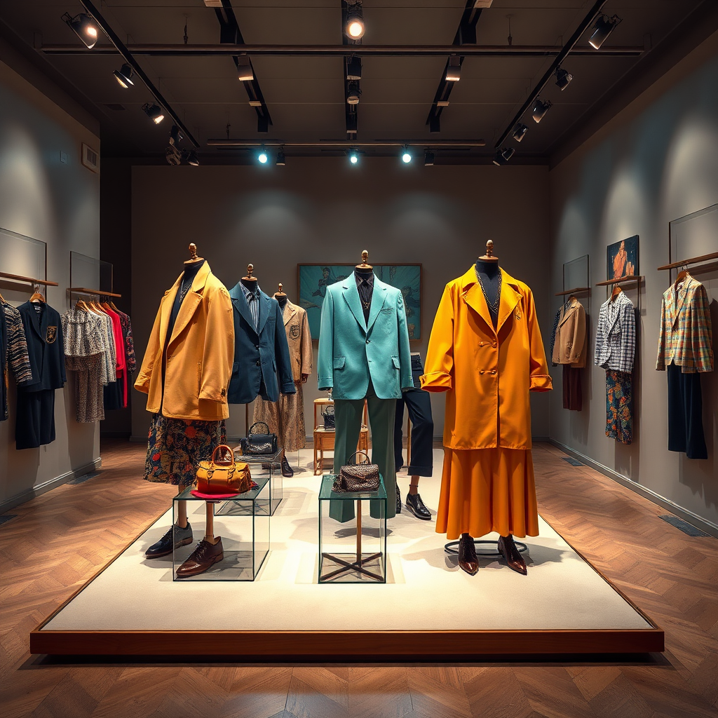 A stylized image showcasing a curated display of exclusive clothing items in a gallery setting. The lighting should be dramatic and eye-catching, highlighting the unique designs and high-quality materials. The color palette is vibrant and expressive. Style references include art gallery and fashion photography. Technical specs: 4K resolution, high quality, with sharp focus and attention to detail.