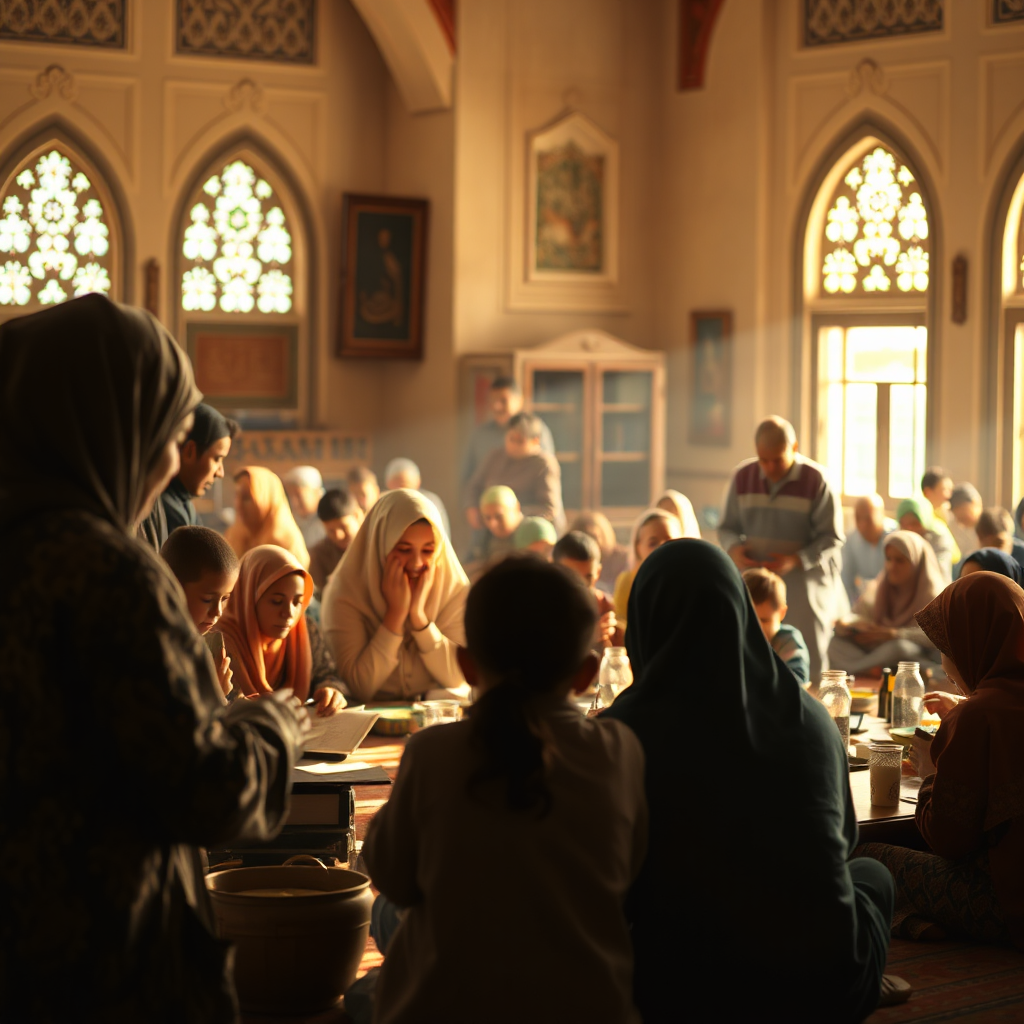 A warm, inviting image showcasing a diverse group of people engaged in various activities within the Masjid. This includes children learning calligraphy, adults in a prayer circle, and community members sharing a meal. The scene should convey a sense of belonging, peace, and intellectual stimulation. The lighting is soft and natural, creating a welcoming atmosphere. The color palette is warm and earthy, with accents of green and gold. Composition should be balanced and harmonious. Camera angle: Medium shot, capturing the interactions and emotions of the people. Style: Social realism with an emphasis on community and connection. Technical specs: 4K resolution, high quality rendering, focus on detail and emotion.