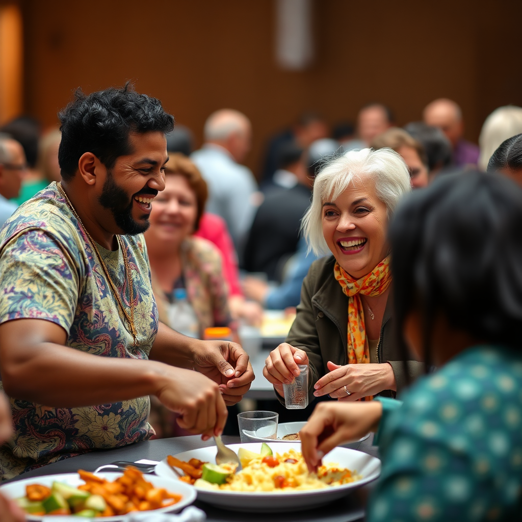 Community members sharing a meal at an event, focus on laughter and connection, vibrant colors.