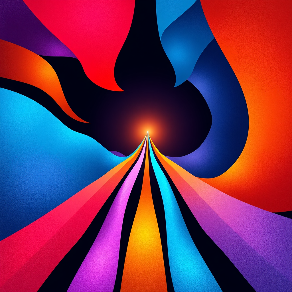 Create a visually striking image that represents the diversity of viewpoints within Unity99. Depict 29 abstract, interconnected pathways converging towards a central point. Each pathway is uniquely colored and textured, symbolizing individual experiences and perspectives. The central point glows with a soft, warm light, representing the unifying power of shared stories. The style should be modern and abstract, with a focus on visual harmony and balance. Use a vibrant color palette to represent the richness of human experience. Render in high quality.