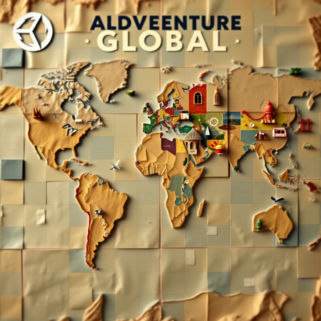 Create an image showcasing the 'Global Adventures' aspect of Unity99. Depict a world map composed of patchwork squares, each square representing a different country or culture. On each square, place small, photorealistic elements representing iconic landmarks, cultural symbols, or travel experiences. The overall image should have a vintage travel poster aesthetic, with bold colors and stylized typography. The lighting should be warm and inviting, creating a sense of wanderlust. Render in high quality.