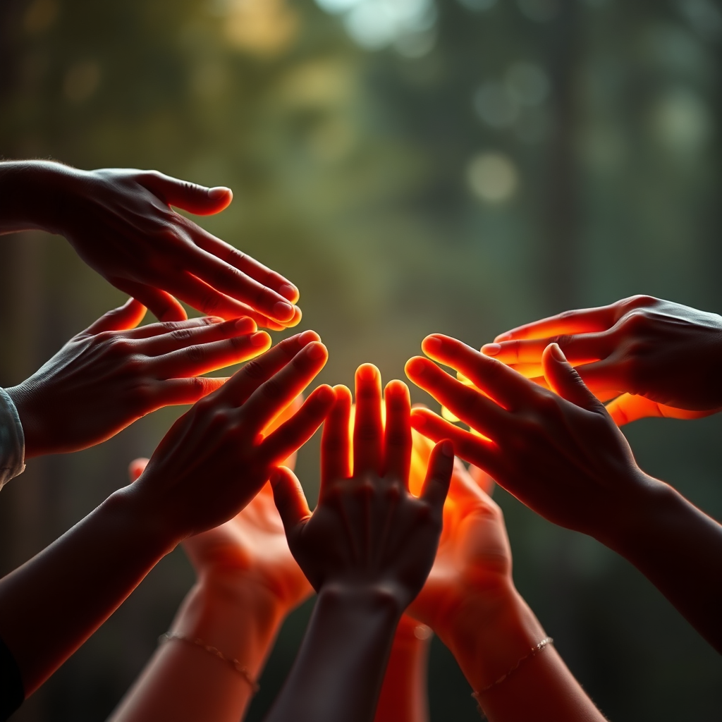 Create an image that represents the power of connection within Unity99. Depict a group of hands reaching out to each other, forming a circle. Each hand is unique in its appearance, representing the diversity of the community. The hands are bathed in warm, glowing light, symbolizing the positive energy of connection. The background is blurred, focusing attention on the hands. The style should be simple and elegant, with a focus on visual symbolism. Render in high quality.