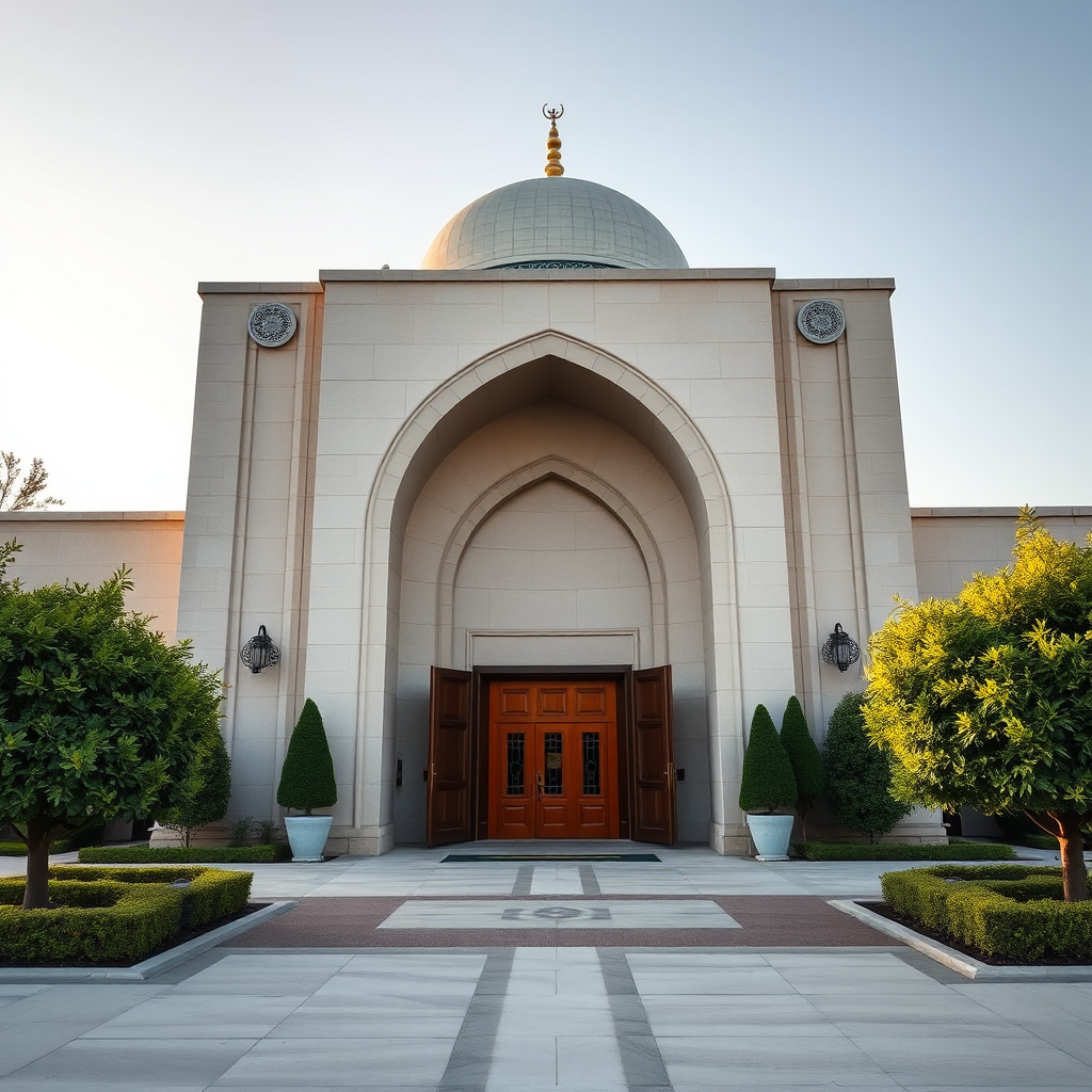 Exterior shot of Masjid during the day, focus on the doors and inviting atmosphere.