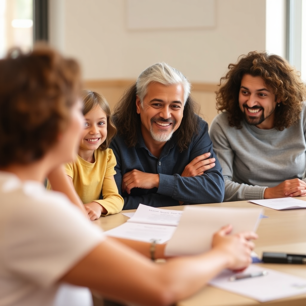 Family attending a workshop about parenting or family issues, warm and safe setting.
