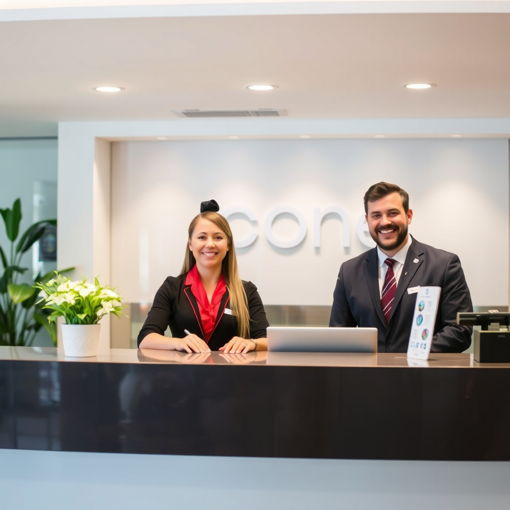 Friendly staff behind a reception desk, smiling and welcoming. Well lit, professional setting.