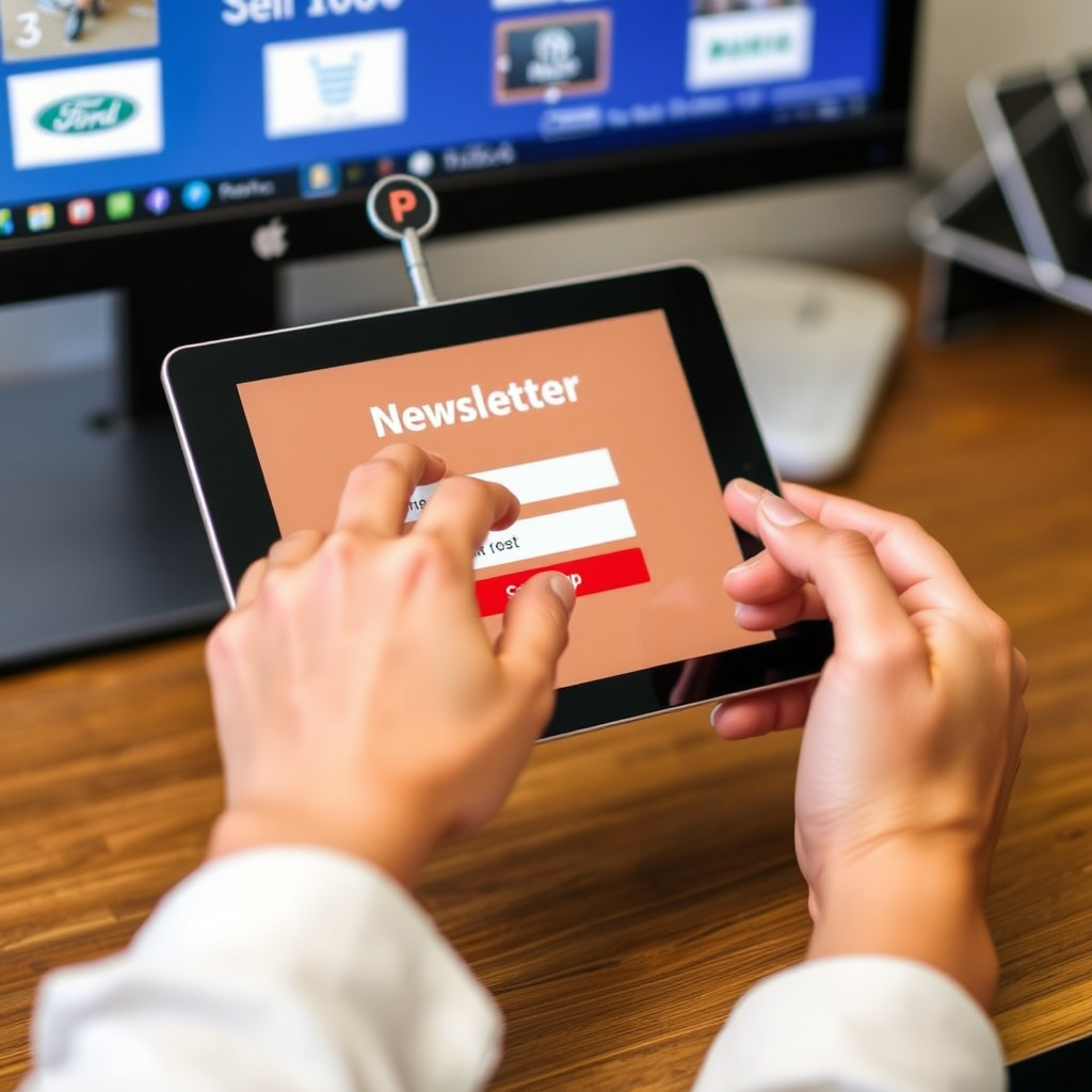 Hands signing up for a newsletter on a tablet or computer, focus on connection and digital media.