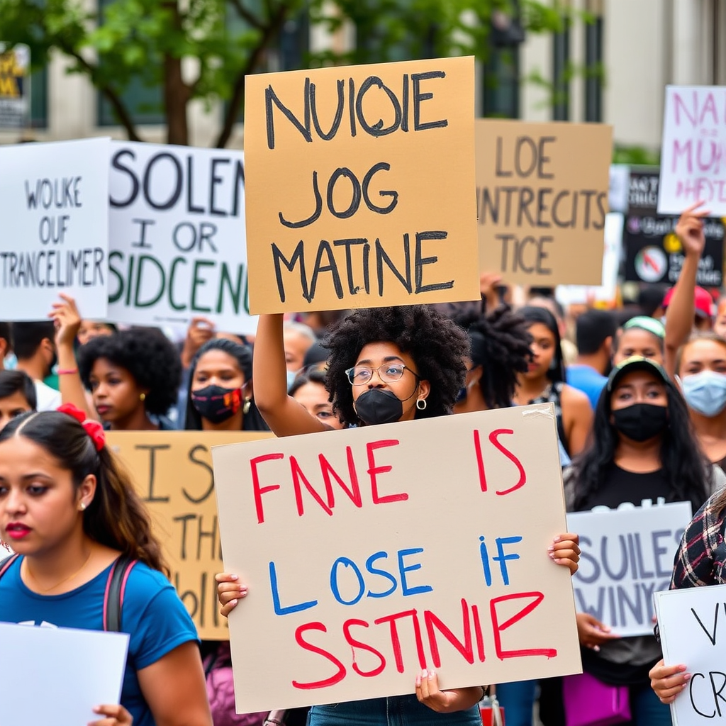People holding signs and protesting for social justice, focus on diversity and unity, powerful look.