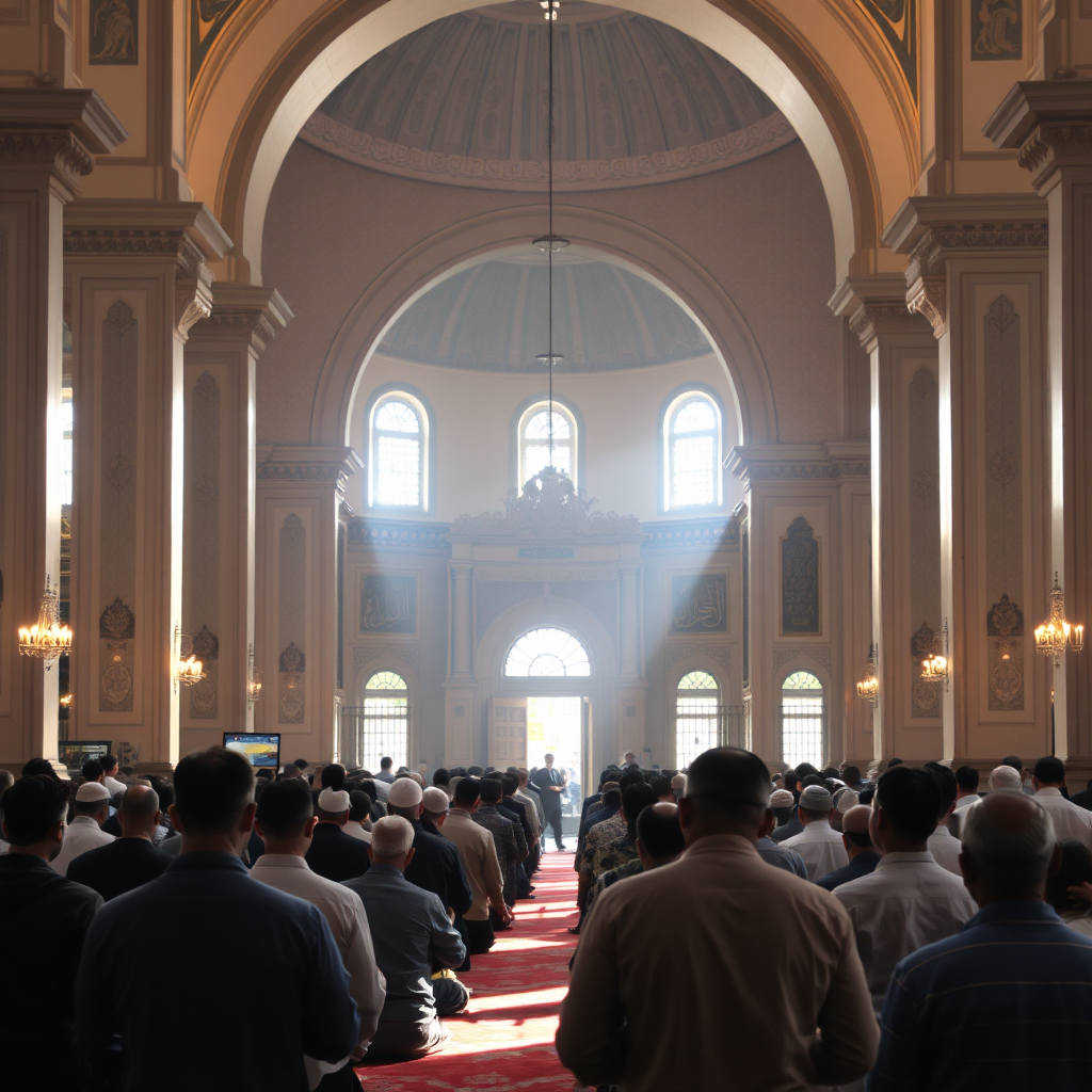 People praying inside a mosque, focus on solemnity and spiritual devotion, gentle lighting.