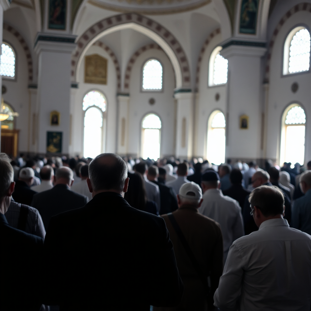 People praying inside a mosque, focus on the faces and peaceful atmosphere, soft lighting.