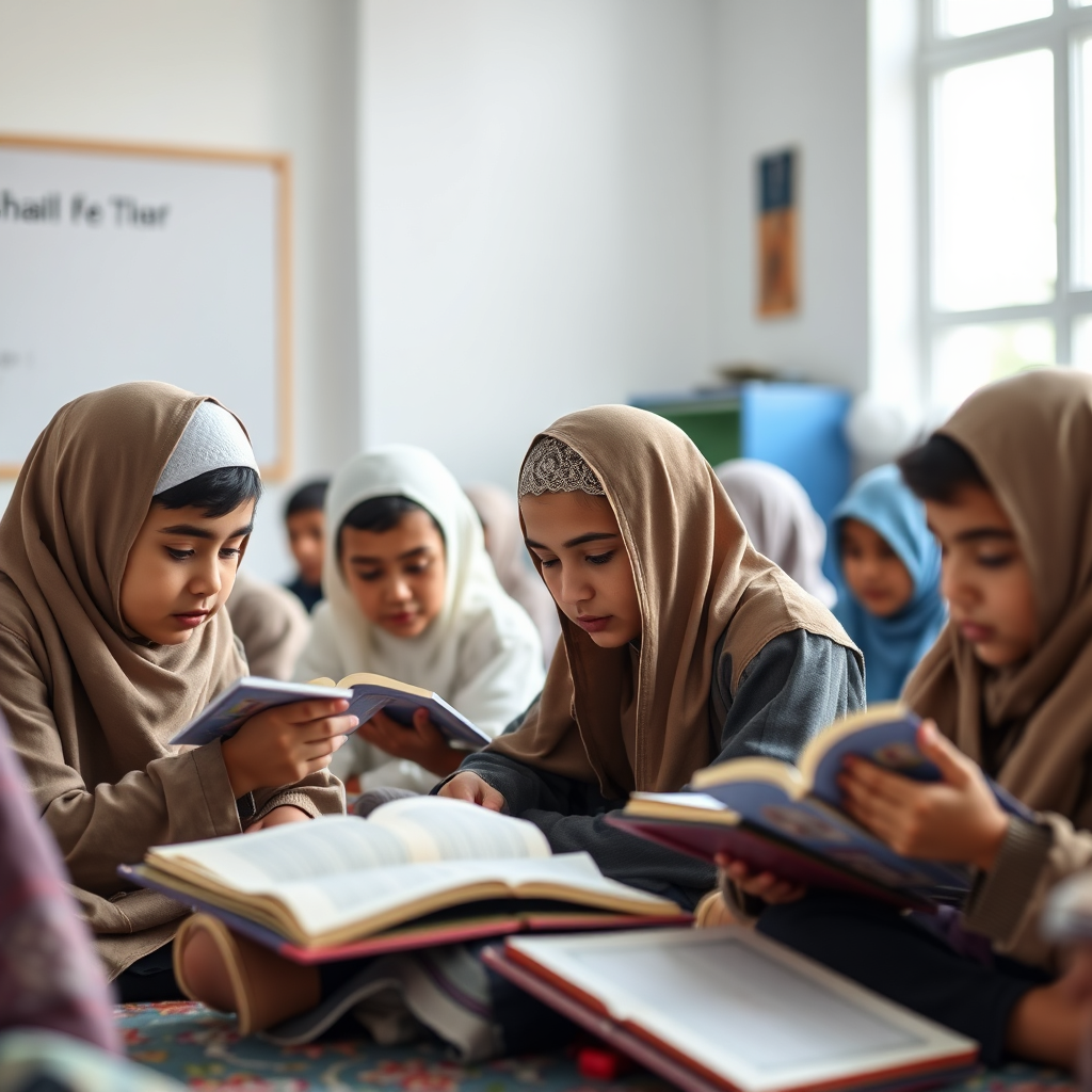Students learning Islamic teachings in a classroom setting, focus on learning materials and engaged faces, bright interior.