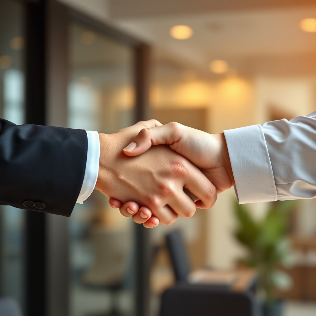Two hands shaking firmly in agreement, symbolizing a successful collaboration. The background is blurred, with subtle hints of a modern office environment. The lighting is warm and inviting. Focus on professionalism and trust. Render in high quality.