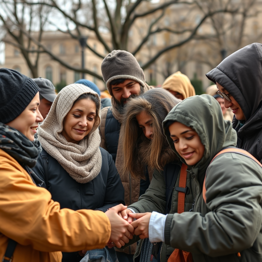 Volunteers helping the homeless or less fortunate people. Focus on empathy and selflessness, natural look.