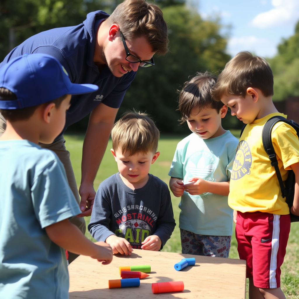 Youngsters participating in activities under guidance of an instructor, focus on fun and learning, outdoors.