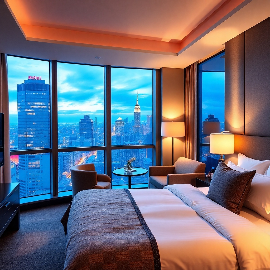 A beautifully appointed hotel room with a stunning view of a cityscape. The room is decorated in a modern style with elegant furniture and soft lighting. The bed is neatly made with plush pillows and a comfortable duvet. Photorealistic rendering.